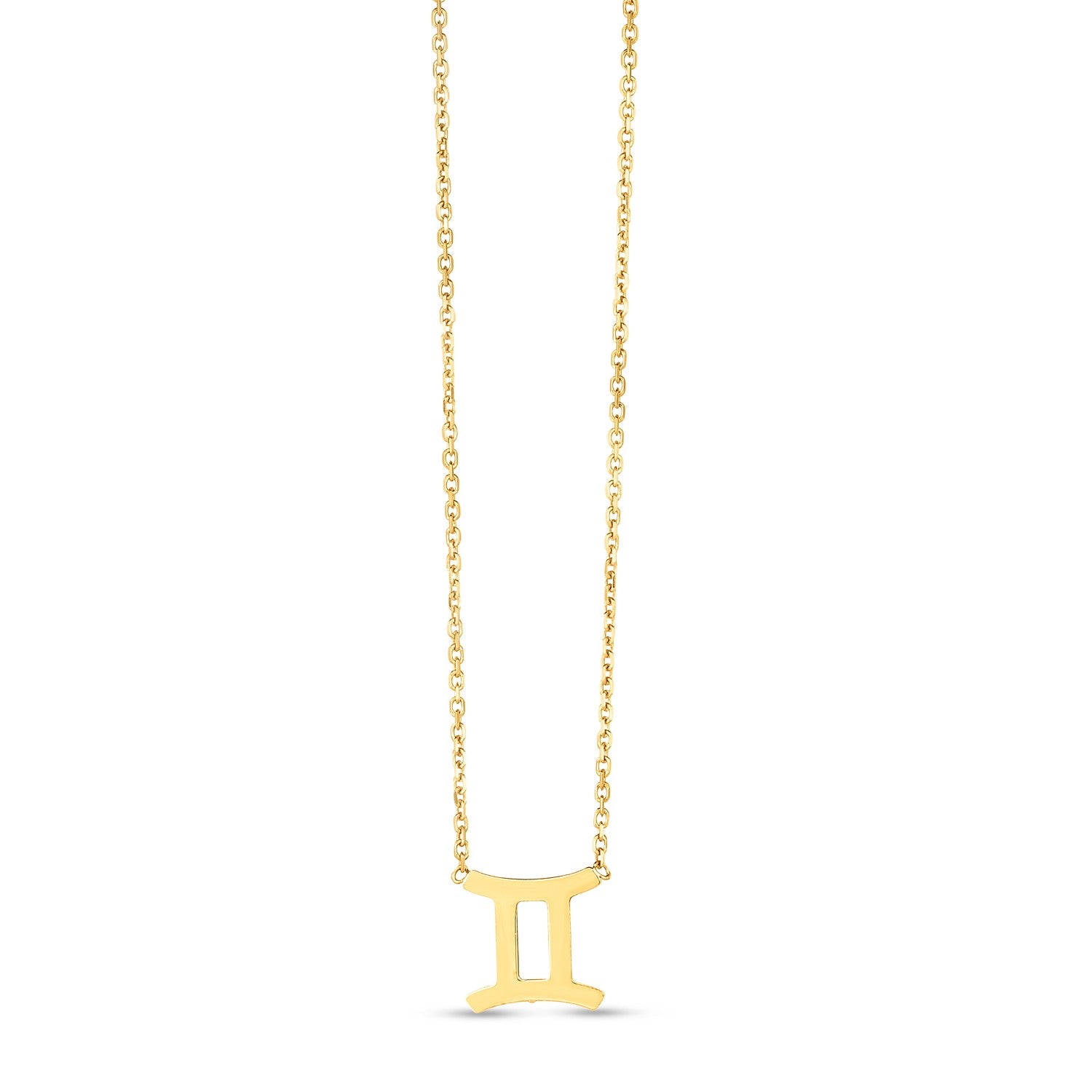 14K Yellow Gold Gemini Necklace in a sleek high-contrast midnight luxury editorial style